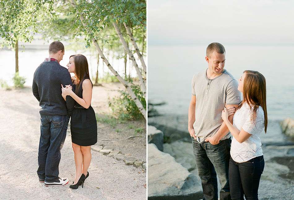 A summer sunset engagement session at Coe Lake captured on film with Sarah and Kyle