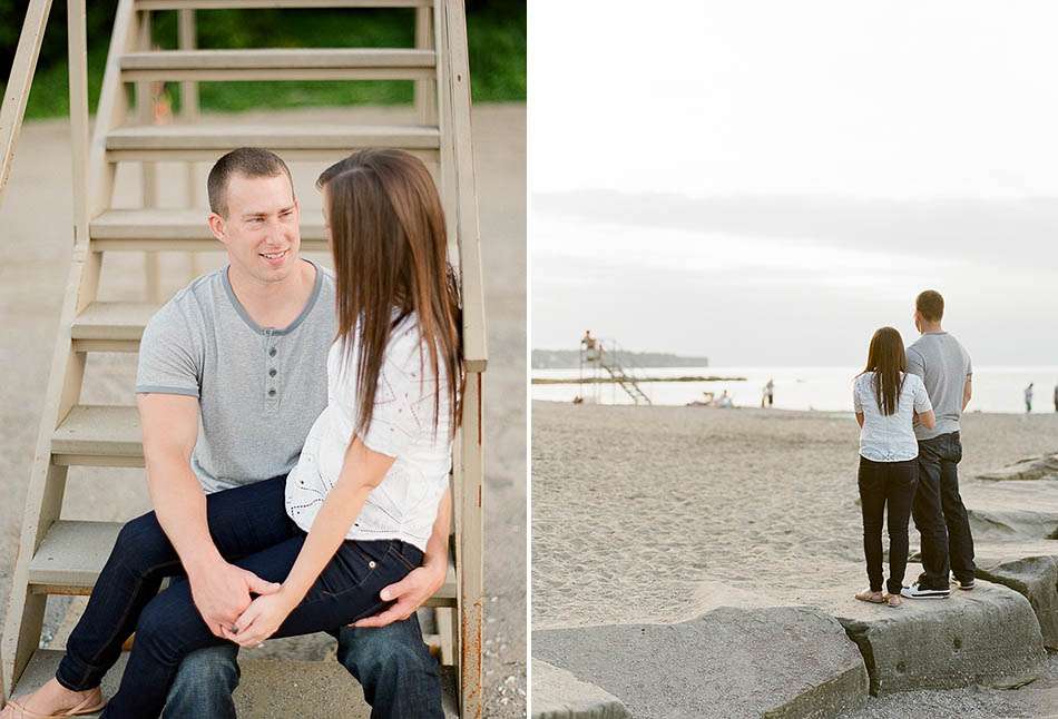 A summer sunset engagement session at Coe Lake captured on film with Sarah and Kyle