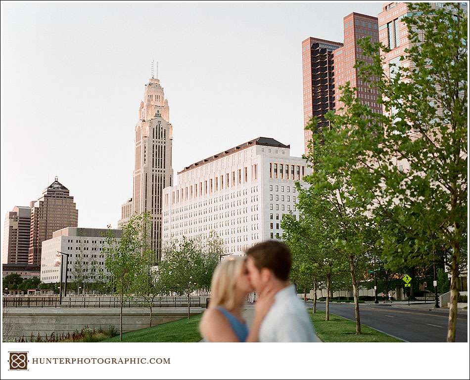 Alexis and Joe's summer evening engagement session in downtown Columbus