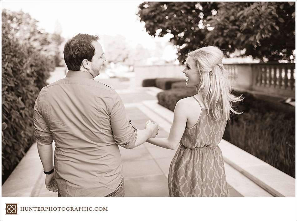 Carrie and Kevin's sunset engagement session in downtown Cleveland