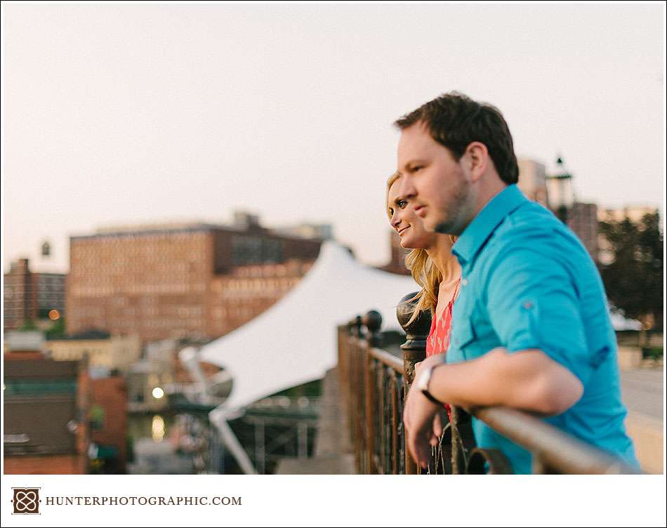 Carrie and Kevin's sunset engagement session in downtown Cleveland