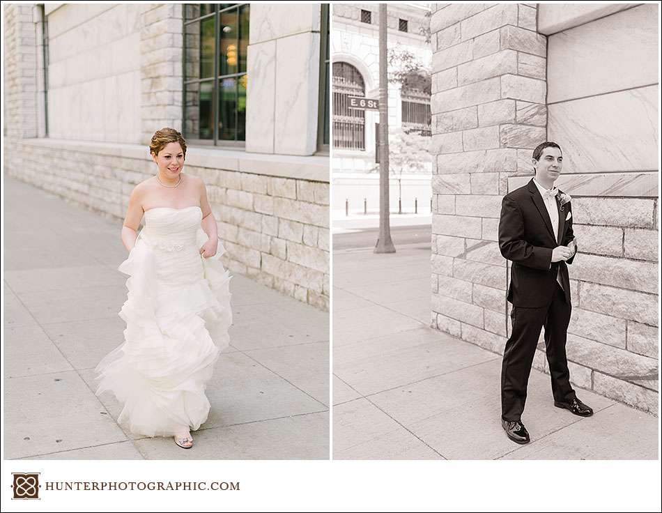 Joanna and David's first look at their Cleveland Arcade wedding