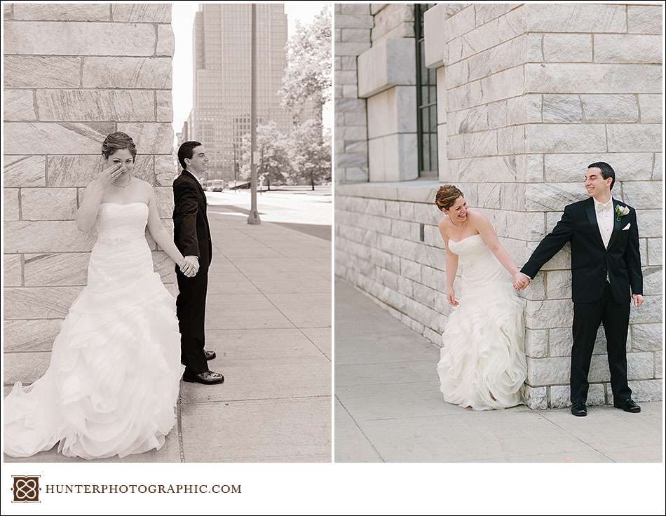 Joanna and David's first look at their Cleveland Arcade wedding