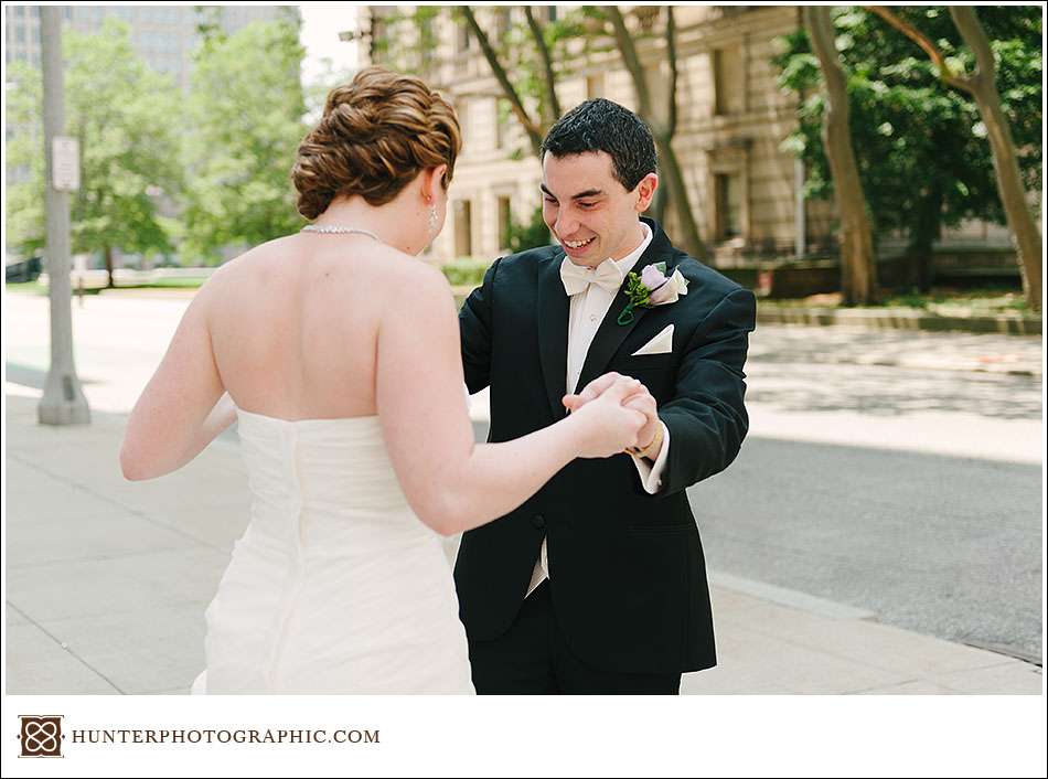 Joanna and David's first look at their Cleveland Arcade wedding