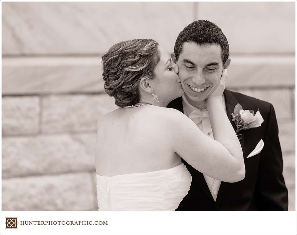 Joanna and David's first look at their Cleveland Arcade wedding